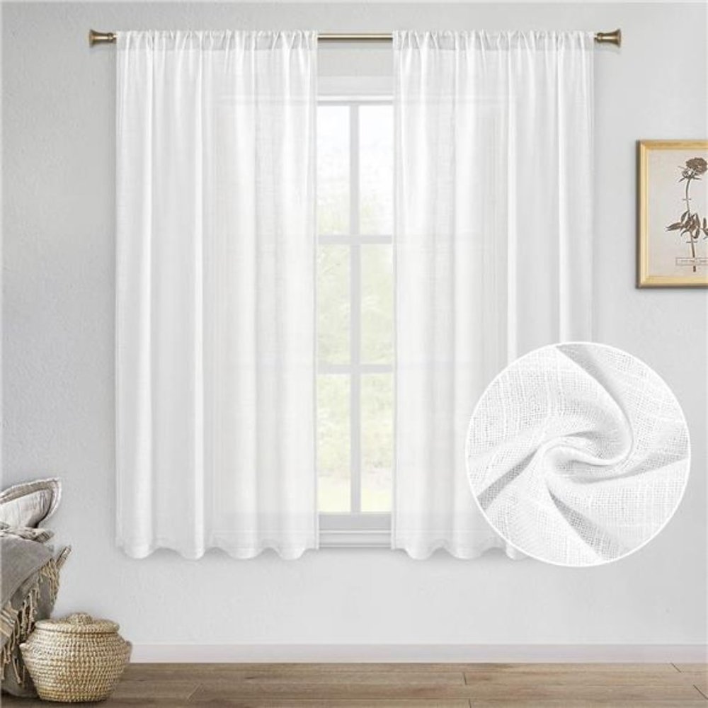 White Faux Linen Sheer Curtains - Rod Pocket Textured Semi Transparent Voile